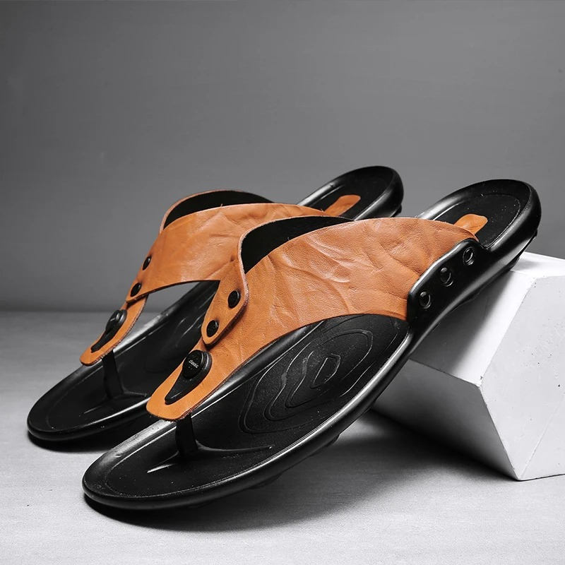 Luxury Leather Slide Sandals with Grip Sole - OutfitLondon