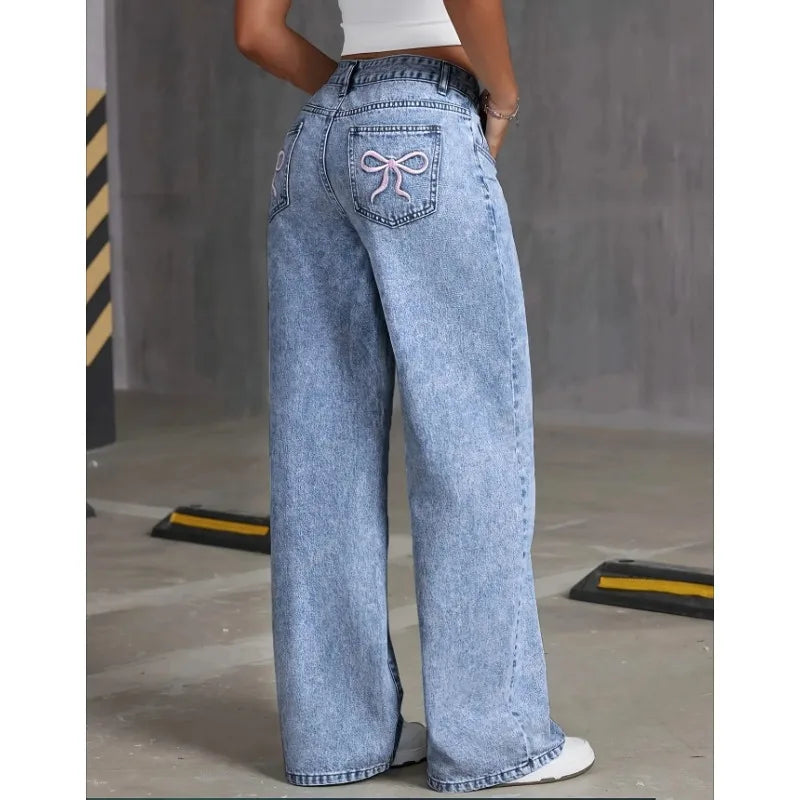 Slimming Dark Wash Embroidered High Waist Jeans