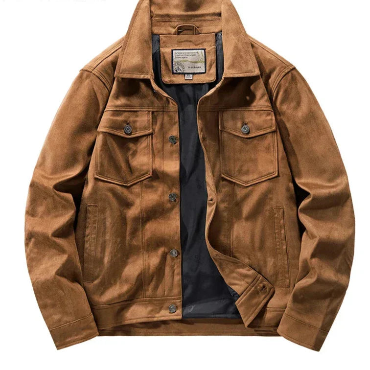 Men's Suede Jacket Rugged Turn Down Collar Brown