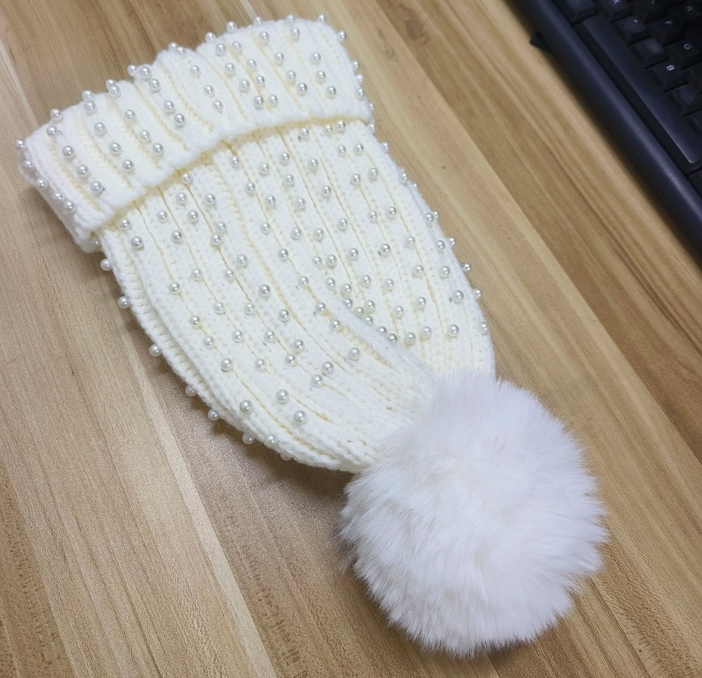 Fuzzy Knit Snow Pom Pom Beanie