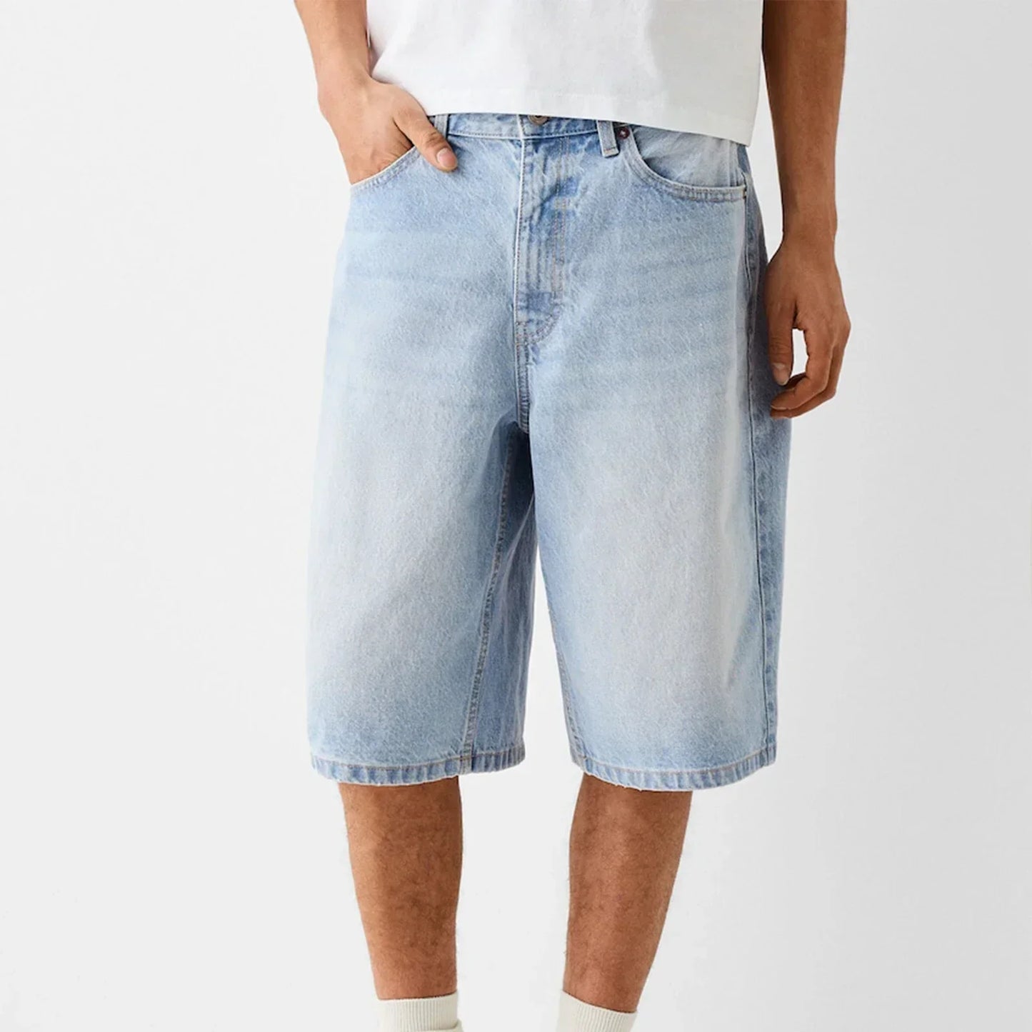 Men's Wide Leg Denim Shorts Durable Five Pocket Dark Blue