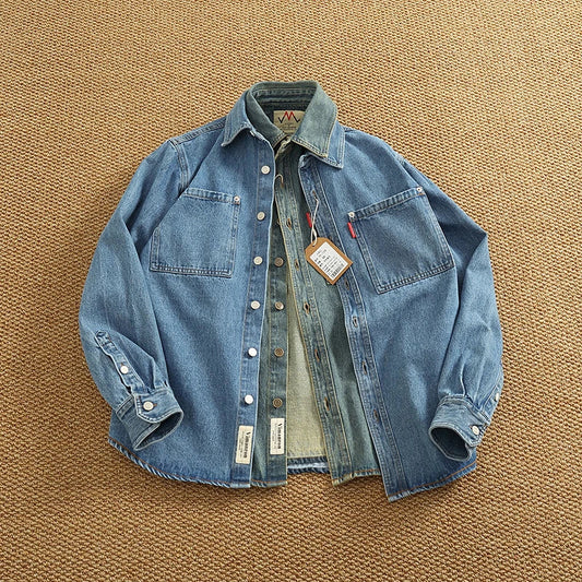 Rugged Vintage Style Denim Jacket Shirt - OutfitLondon