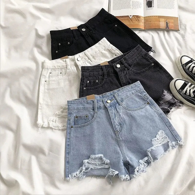 Torn High Waisted Faded Denim Shorts - OutfitLondon