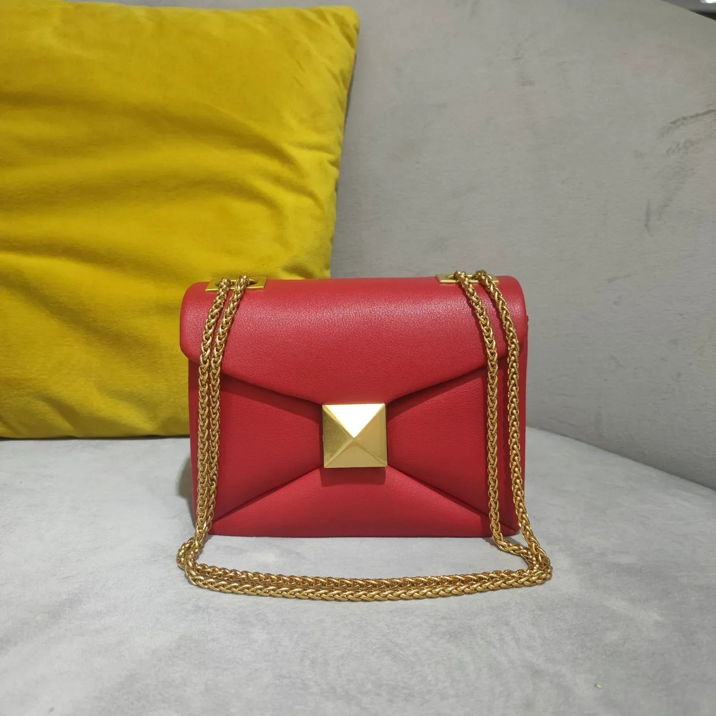 Luxe Leather Crossbody Bag Rivet Detail Adjustable Chain Strap