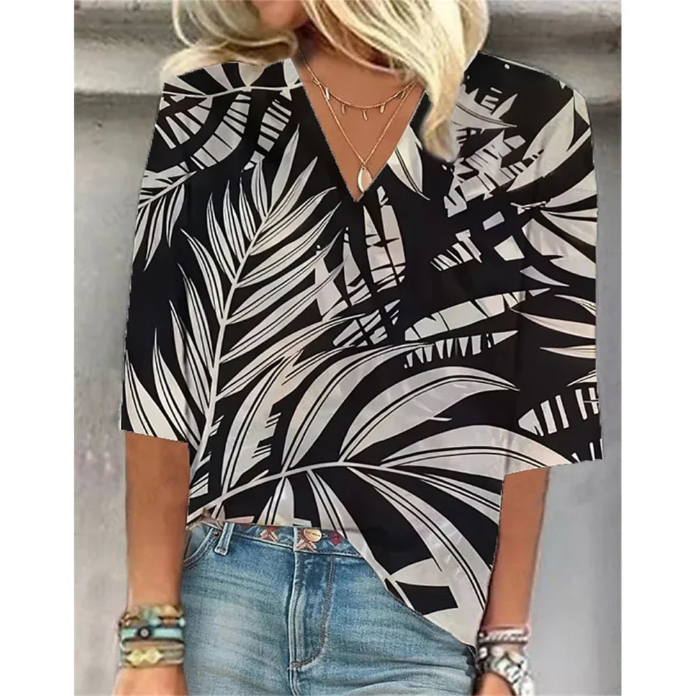 Comfy Floral V Neck Summer Tee Shirt - OutfitLondon