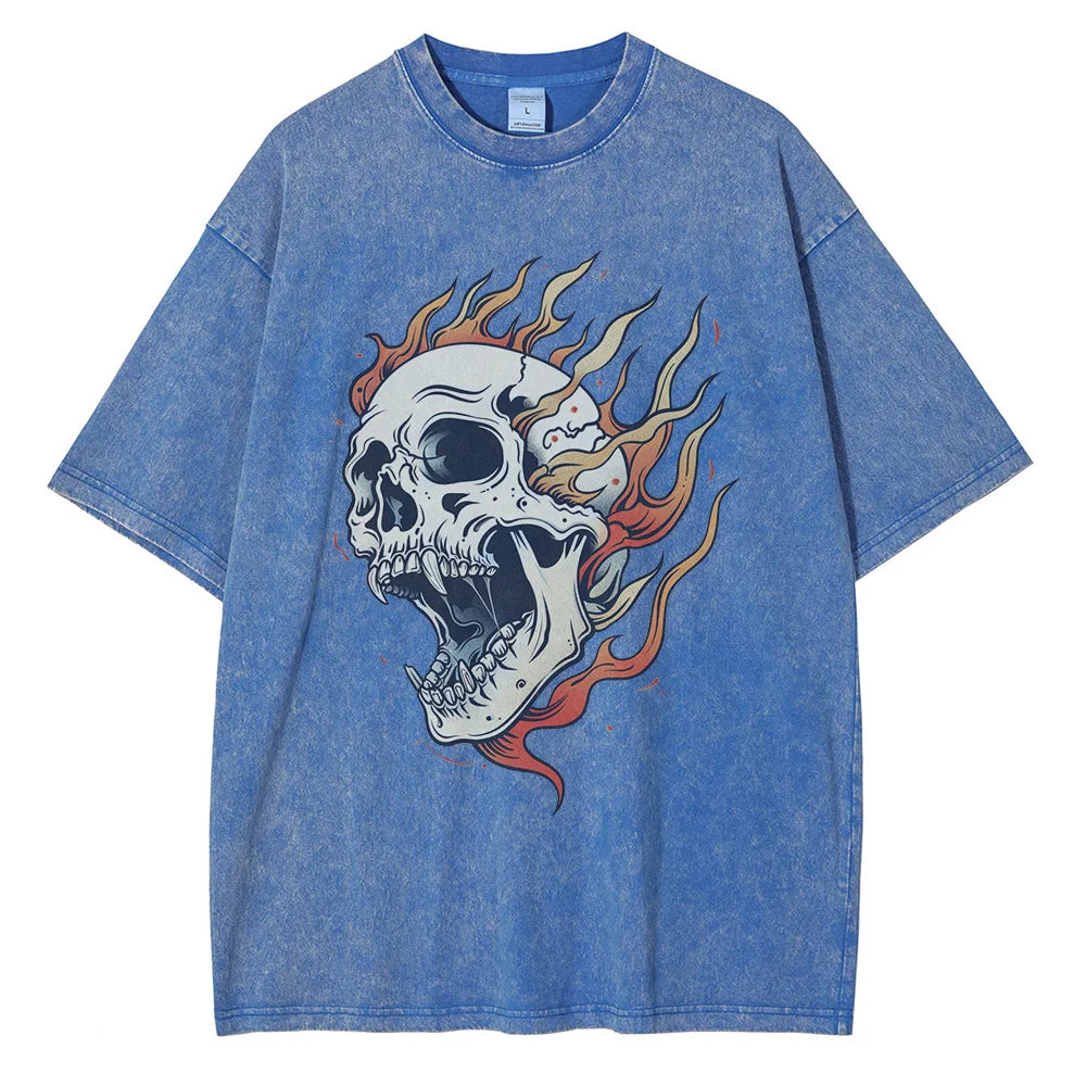 Men's Skull Graphic T-Shirt Acid Wash 100% Cotton Oversized