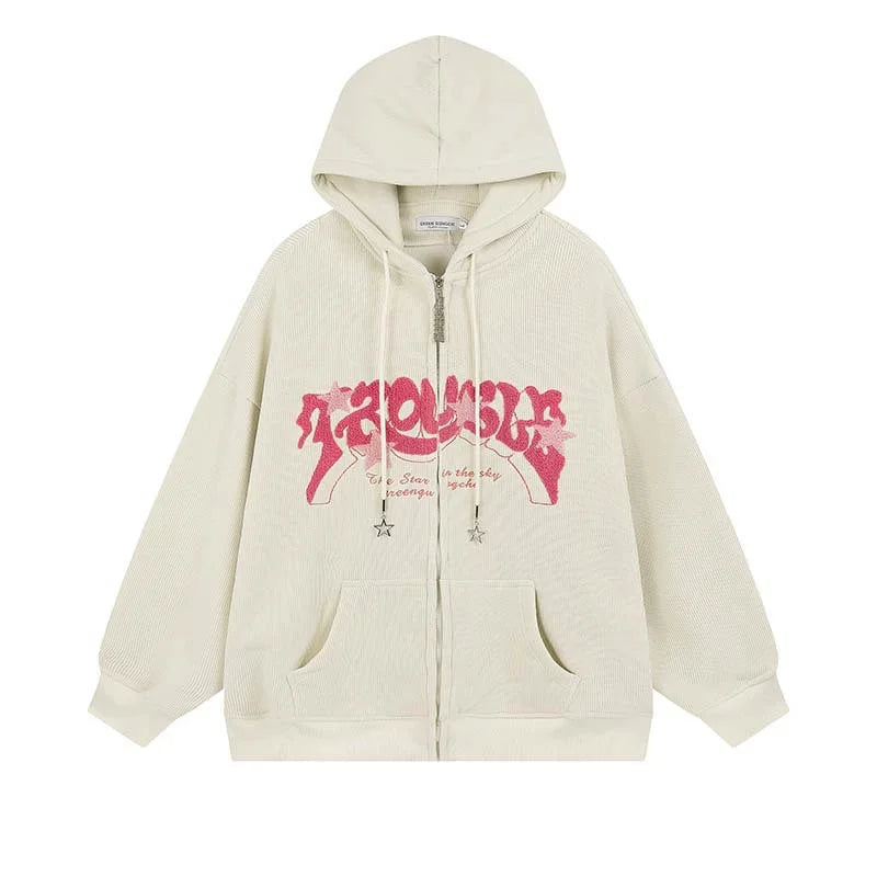 Relaxed Fit Embroidered Zip Up Hooded Sweatshirt
