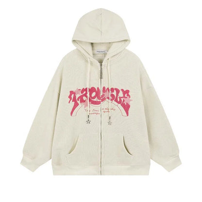 Relaxed Fit Embroidered Zip Up Hooded Sweatshirt