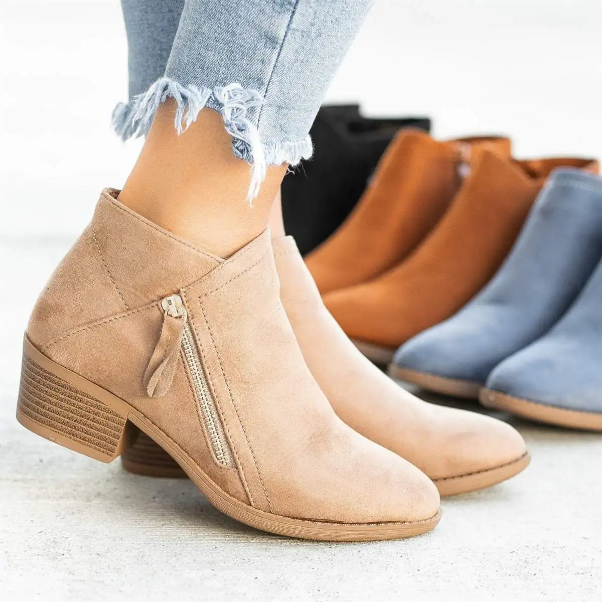 Ladies Low Heel Ankle Boots with Zipper