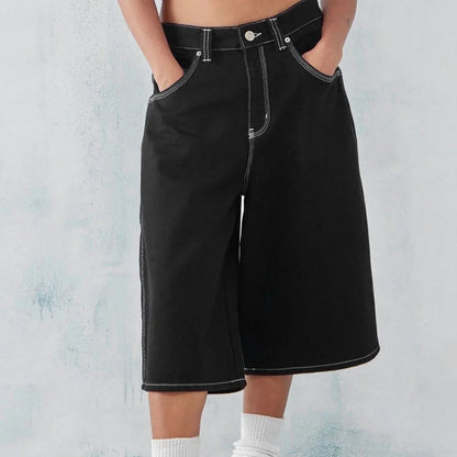Men's Wide Leg Denim Shorts Durable Five Pocket Dark Blue