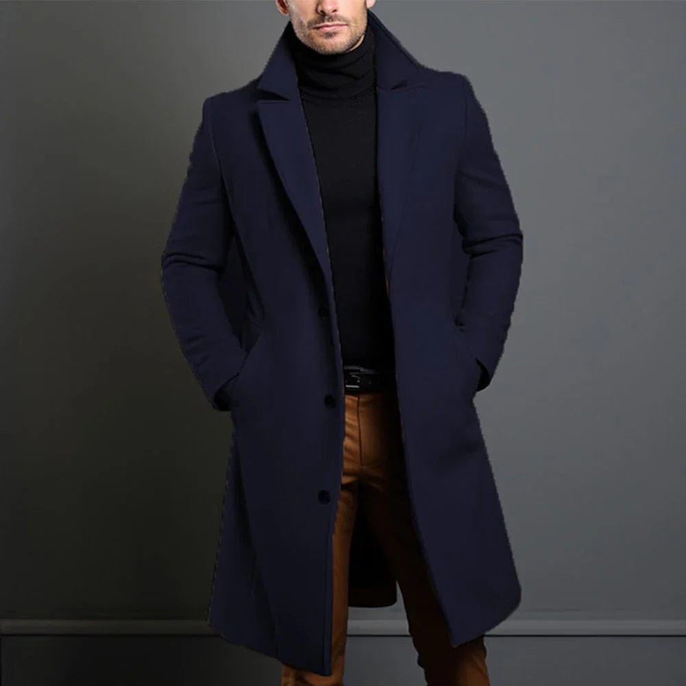 Classic Men's Dark Blue Wool Winter Coat - OutfitLondon