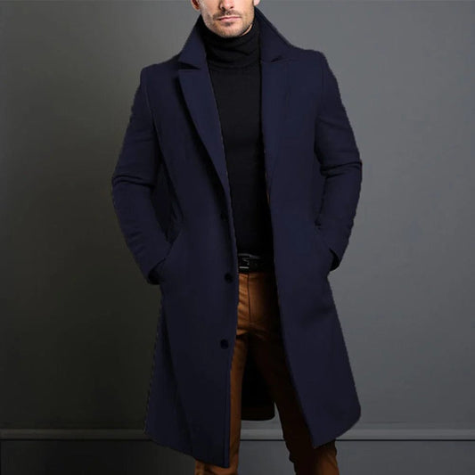 Classic Men's Dark Blue Wool Winter Coat - OutfitLondon