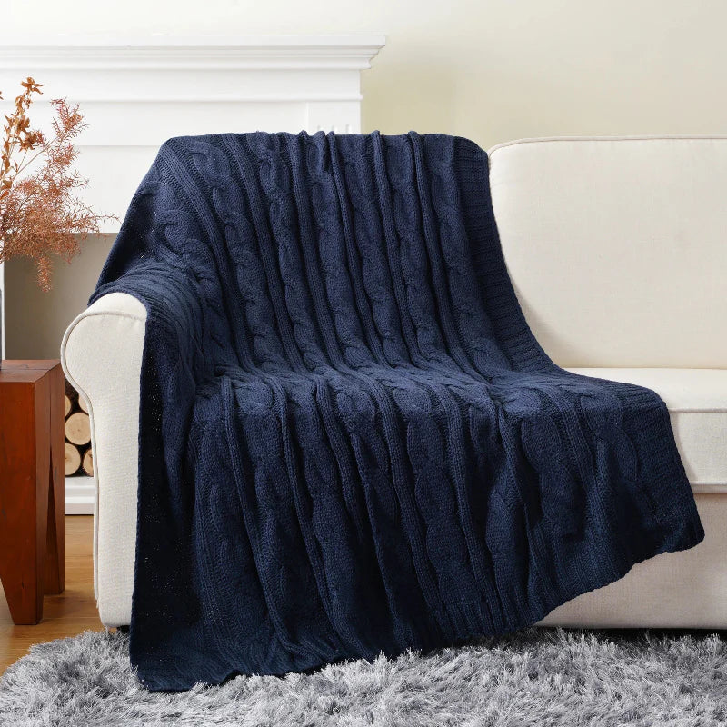 Textured Knit Throw Blanket Ultra Soft Cable Knit Warm Beige