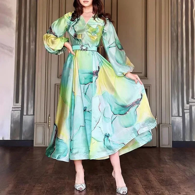 Elegant Long Sleeve Women's Maxi Dress Floral Print