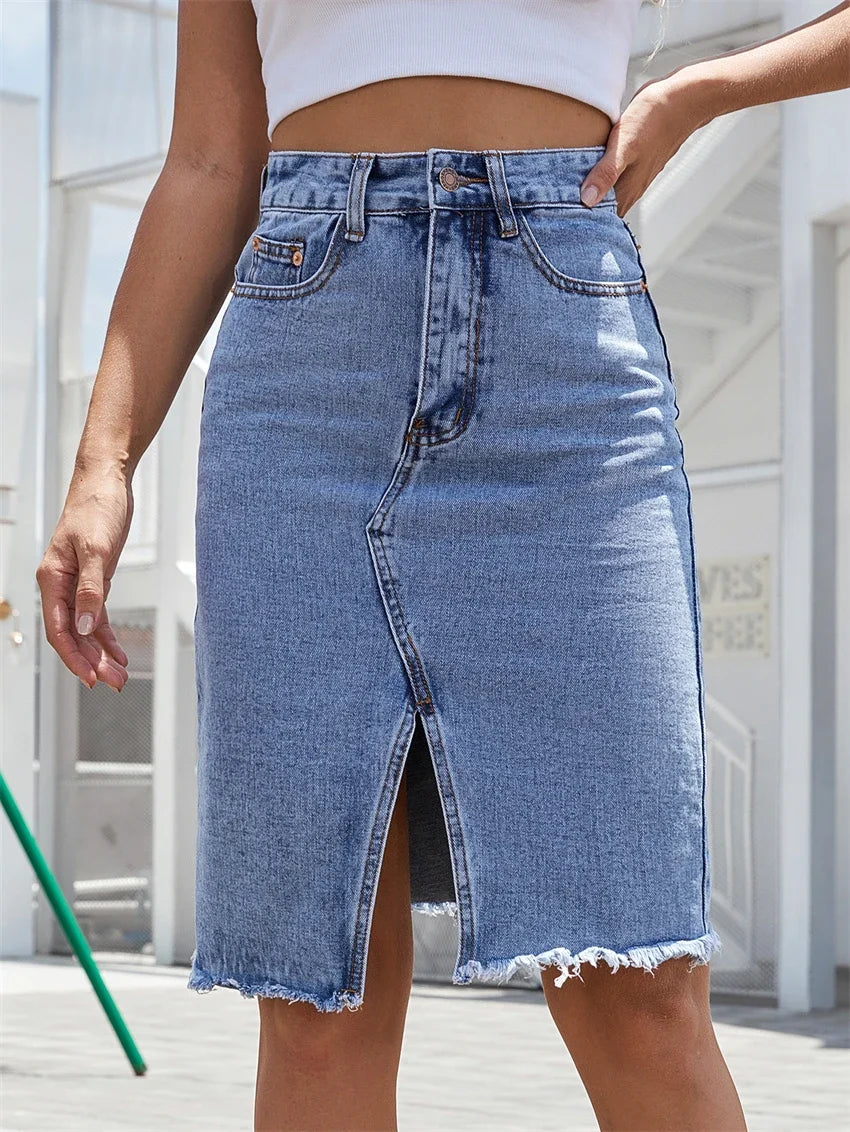 Relaxed Fit Mid Length Blue Jeans Skirt
