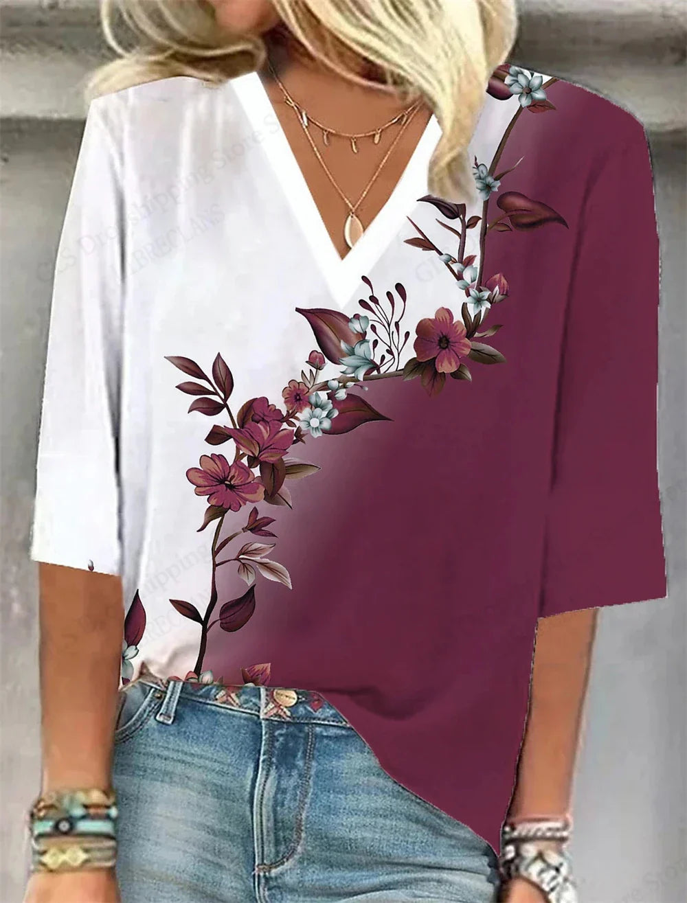 Comfy Floral V Neck Summer Tee Shirt