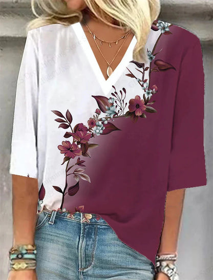 Comfy Floral V Neck Summer Tee Shirt