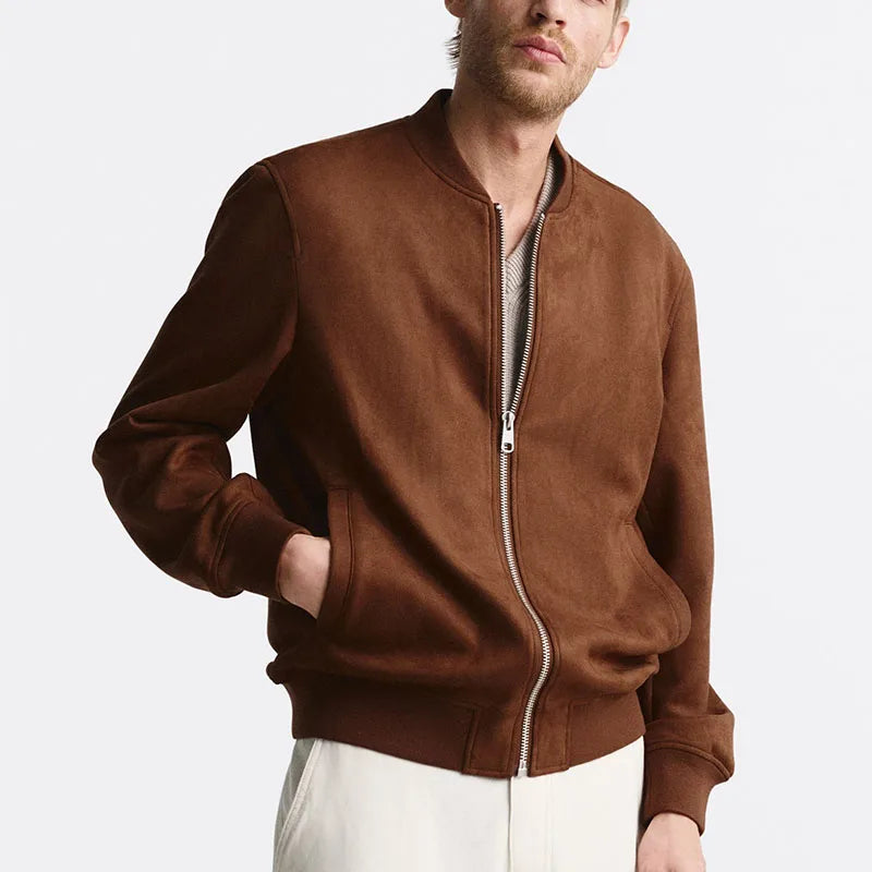 Men's Suede Bomber Jacket Tailored Fit Soft Lining