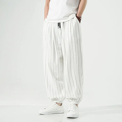 Men's Cotton Striped Trousers Elastic Waistband
