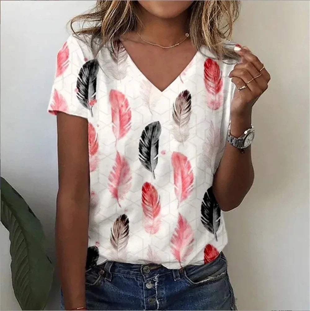 Relaxed Fit Women's Floral V-Neck Tee Shirt
