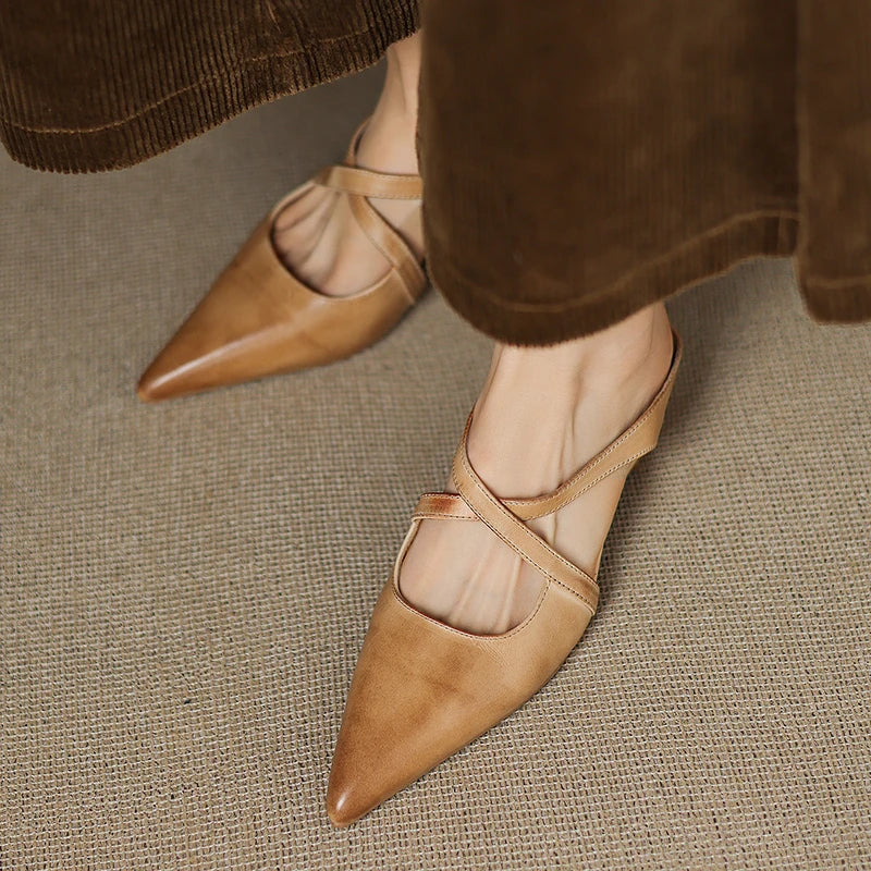 Real Leather Flat Mule Shoes