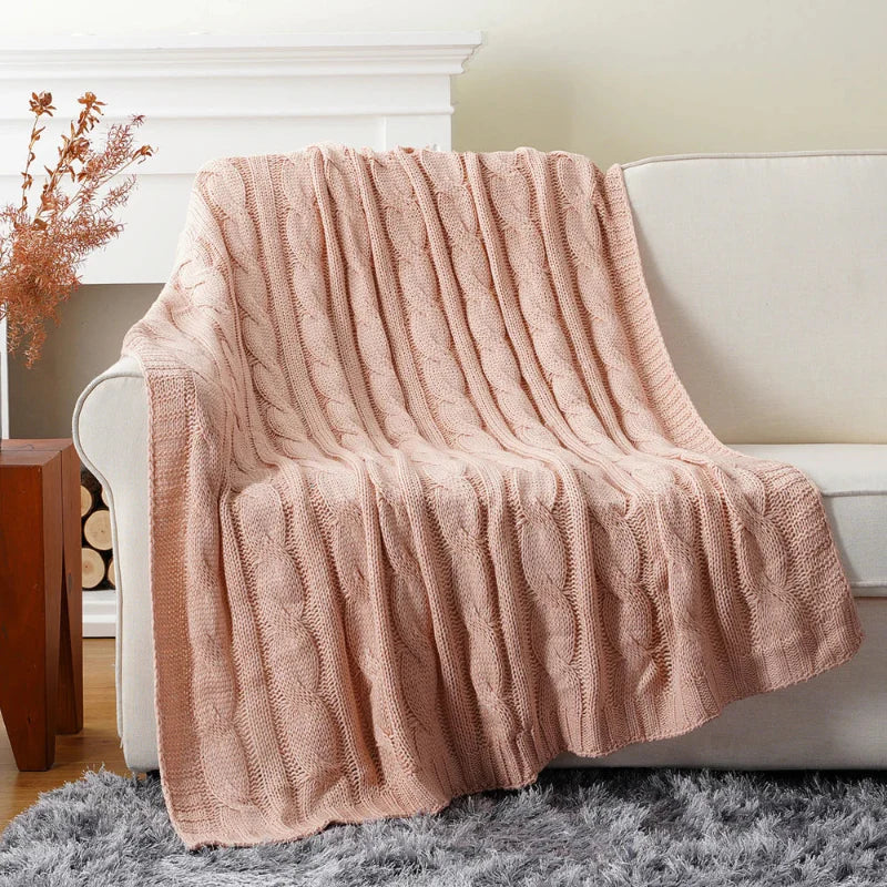 Textured Knit Throw Blanket Ultra Soft Cable Knit Warm Beige