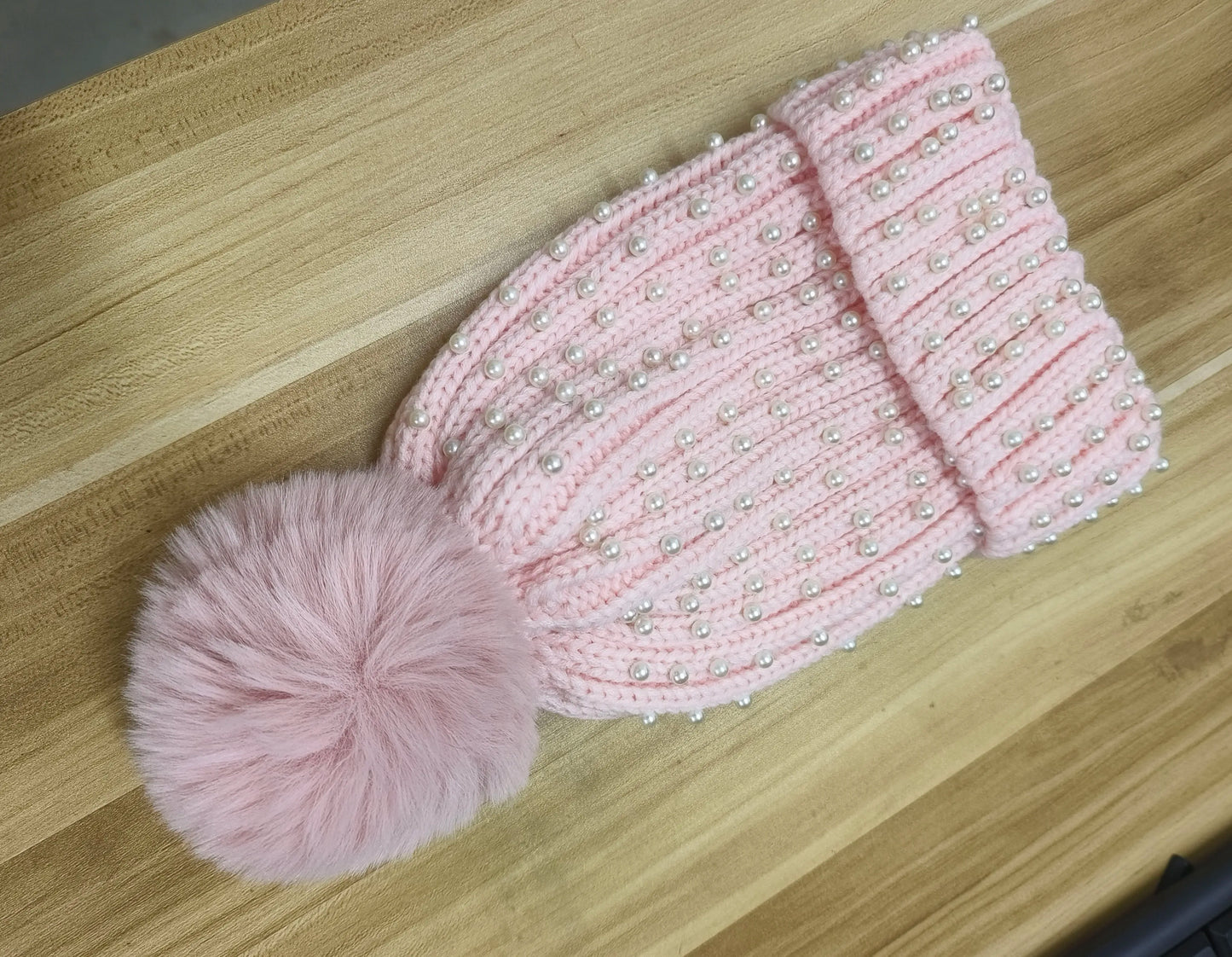 Fuzzy Knit Snow Pom Pom Beanie