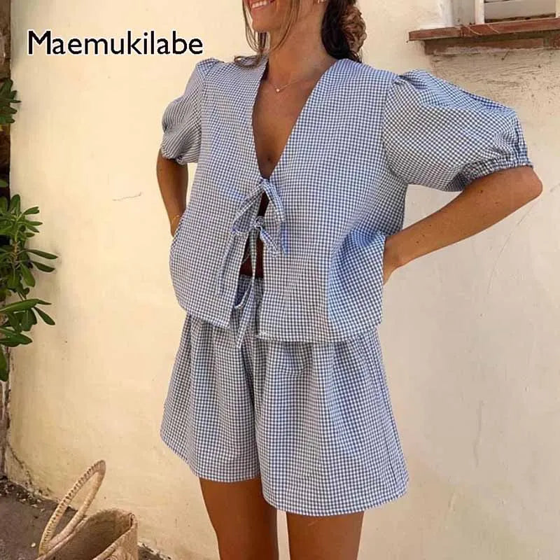 Vintage Checked Peasant Blouse Crop Top & Shorts Set - OutfitLondon