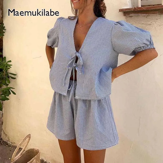 Vintage Checked Peasant Blouse Crop Top & Shorts Set - OutfitLondon