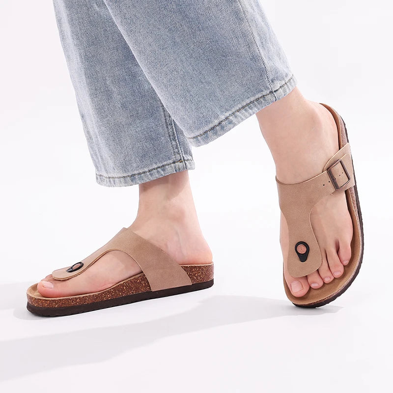 Soft Leather Womens Flat Sandals with Buckle Strap - OutfitLondon