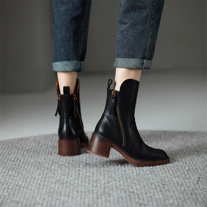 Low Heel Leather Zip Boots for Women - OutfitLondon