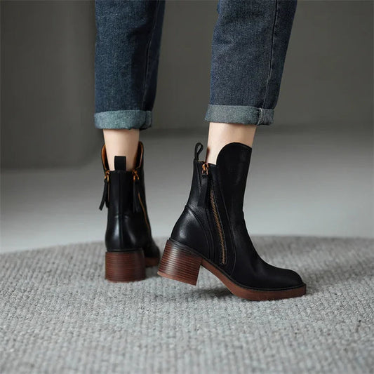 Low Heel Leather Zip Boots for Women - OutfitLondon