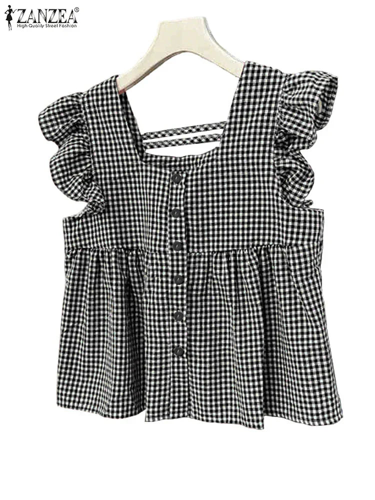 Trendy Plaid Cold Shoulder Women's Top