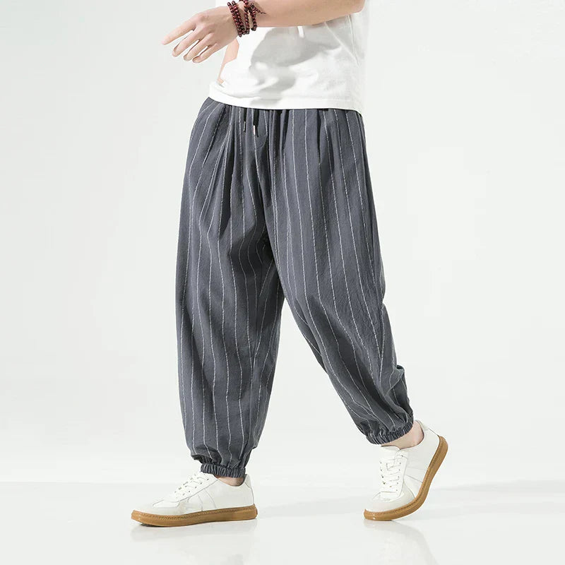 Men's Cotton Striped Trousers Elastic Waistband - OutfitLondon