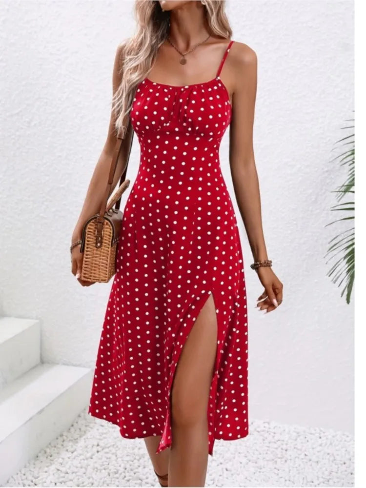 Simple Polka Dot Summer Dress with Thin Straps - OutfitLondon