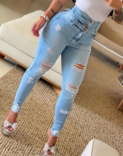 Fashionable High Waisted Ripped Womens Jeans with Buttons - OutfitLondon