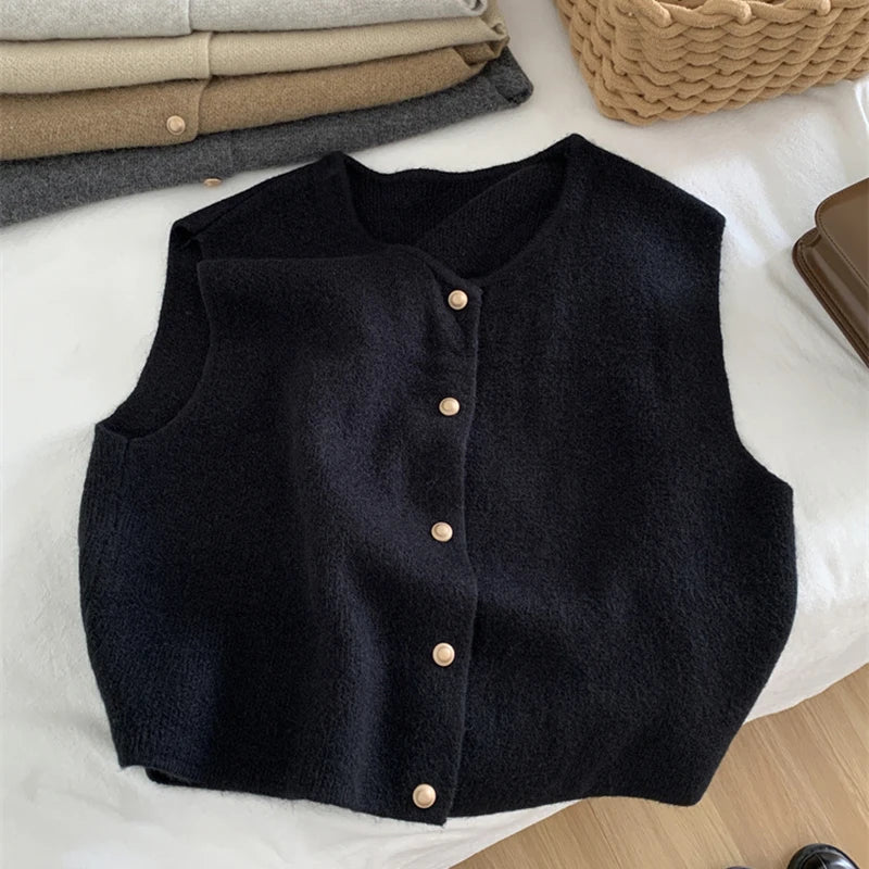 Women's Knit Vest Cozy Yarn Sleeveless Button Front