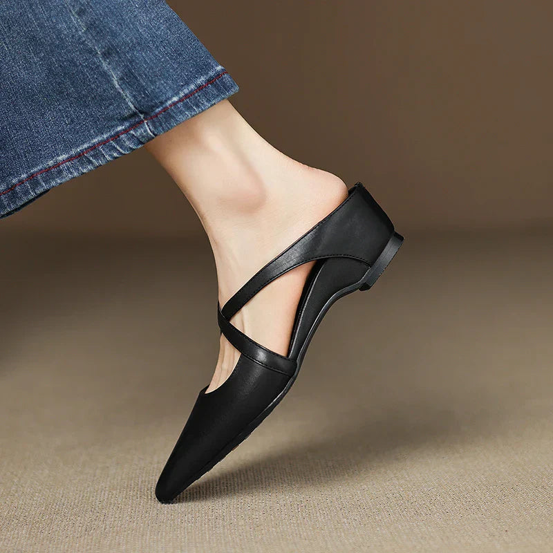 Real Leather Flat Mule Shoes