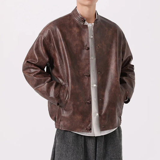 Revel Men's Vintage Leather Coat Mandarin Collar Toggle Buttons - OutfitLondon