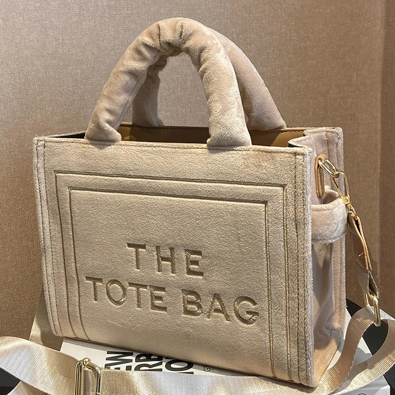 London Statement Square Tote Bag Soft Velour Letter Print - OutfitLondon