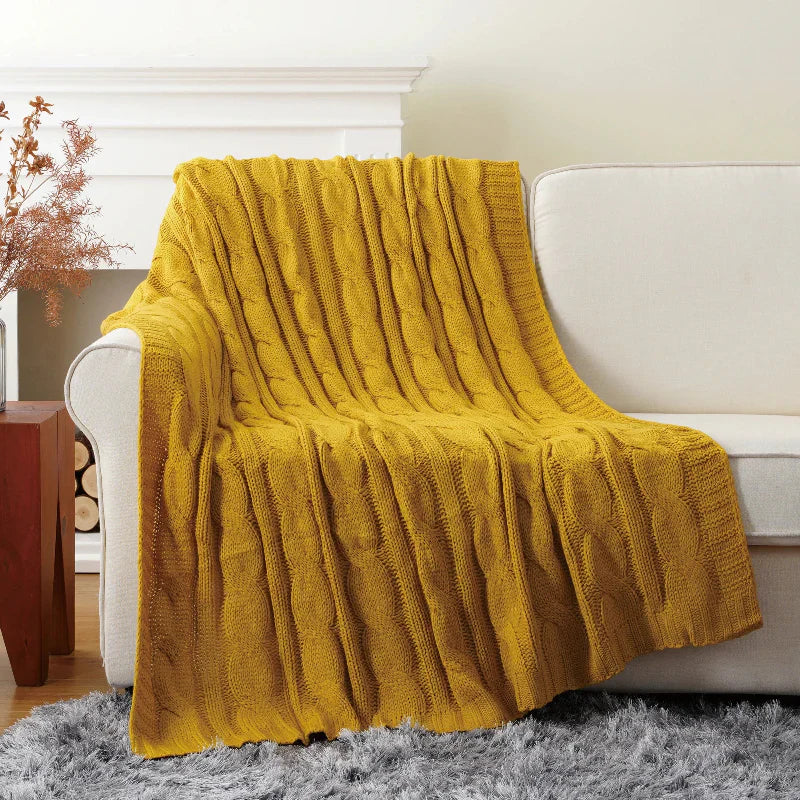 Textured Knit Throw Blanket Ultra Soft Cable Knit Warm Beige