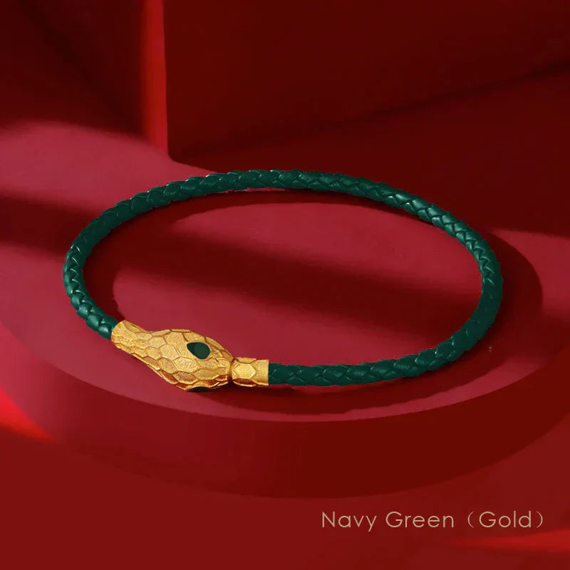 Handwoven Leather Bracelet Gold Serpent Clasp Unisex