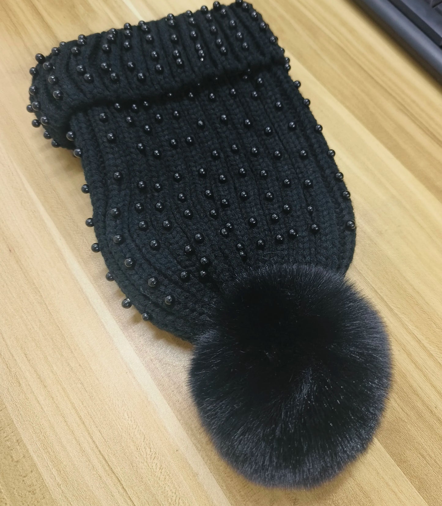 Fuzzy Knit Snow Pom Pom Beanie