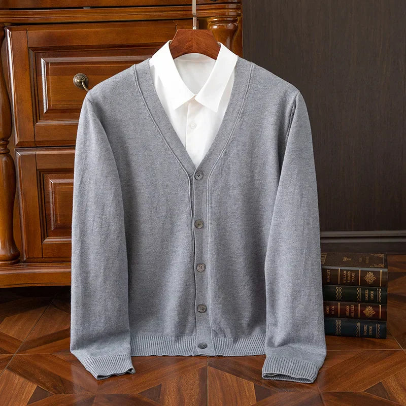 Men's Grey Cashmere Blend Cardigan V Neck Relaxed Fit