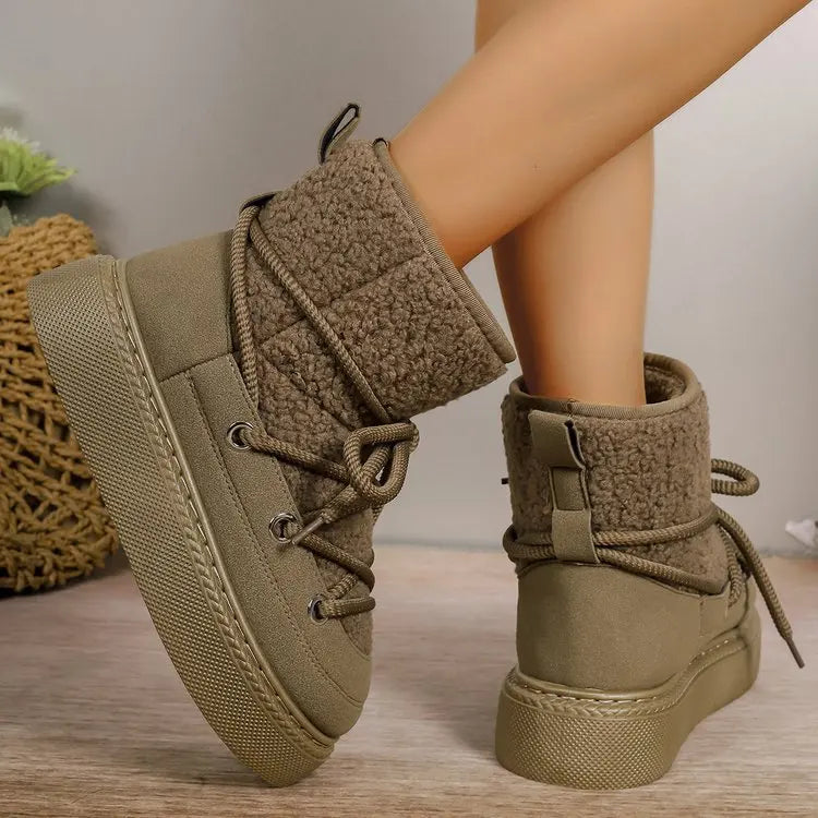 Warm Women's Fuzzy Winter Boots - Lace Up Design