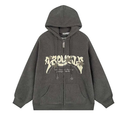 Relaxed Fit Embroidered Zip Up Hooded Sweatshirt