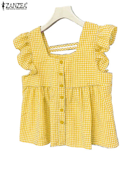 Trendy Plaid Cold Shoulder Women's Top