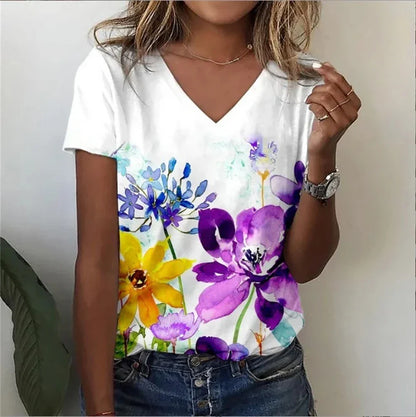 Relaxed Fit Women's Floral V-Neck Tee Shirt