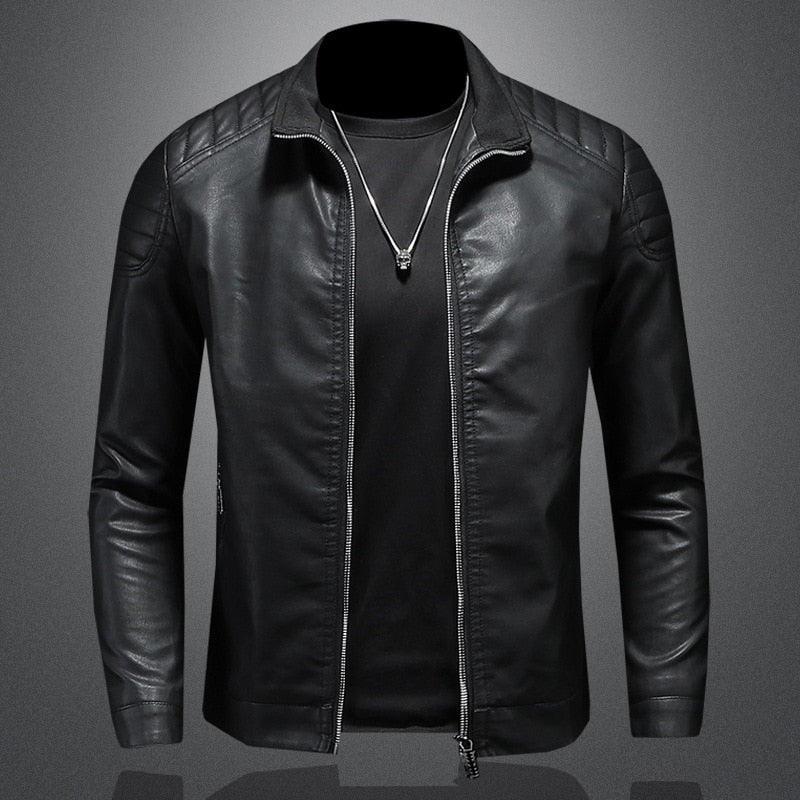 Trendy Mens Synthetic Leather Coat with Metal Accents