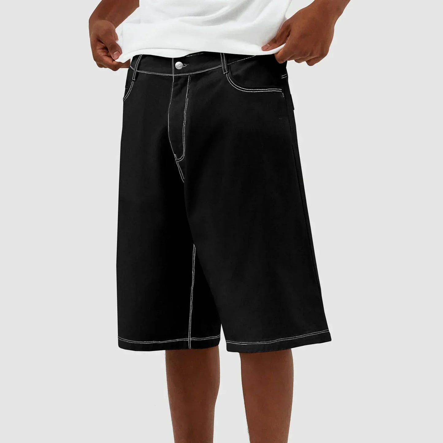 Men's Wide Leg Denim Shorts Durable Five Pocket Dark Blue - OutfitLondon